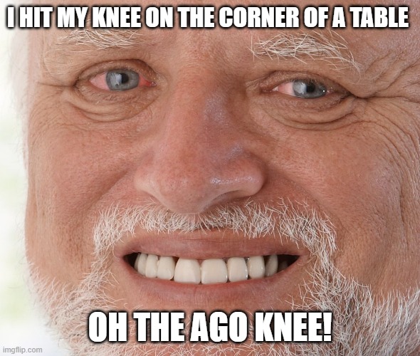 Hide the Pain Harold | I HIT MY KNEE ON THE CORNER OF A TABLE; OH THE AGO KNEE! | image tagged in hide the pain harold,memes,funny | made w/ Imgflip meme maker