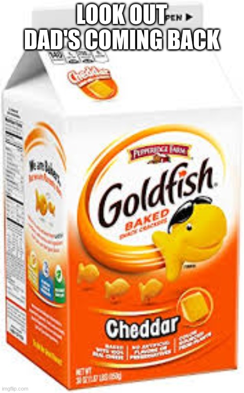 goldfish crackers | LOOK OUT DAD'S COMING BACK | image tagged in goldfish crackers | made w/ Imgflip meme maker