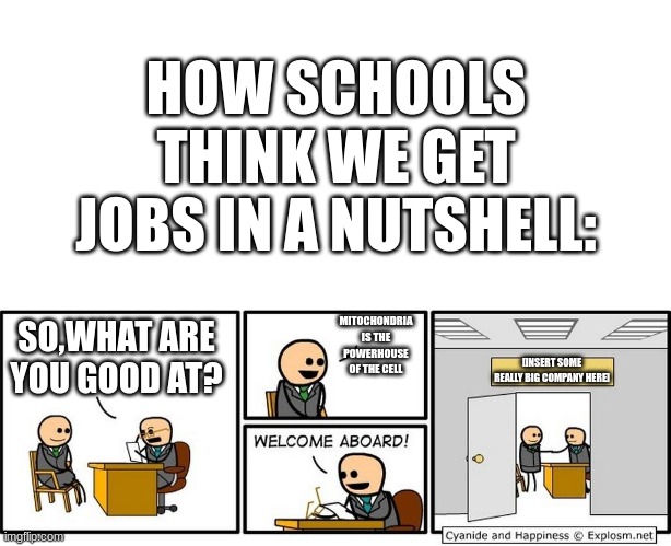  HOW SCHOOLS THINK WE GET JOBS IN A NUTSHELL:; MITOCHONDRIA IS THE POWERHOUSE OF THE CELL; SO,WHAT ARE YOU GOOD AT? [INSERT SOME REALLY BIG COMPANY HERE] | image tagged in blank white template,job interview,school,so true memes,true yet funny | made w/ Imgflip meme maker