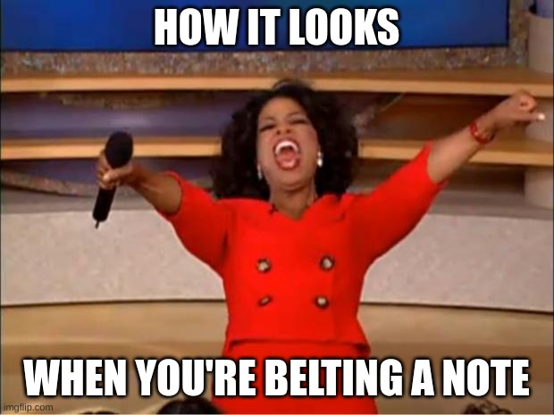 wide mouths people! | HOW IT LOOKS; WHEN YOU'RE BELTING A NOTE | image tagged in memes,oprah you get a | made w/ Imgflip meme maker