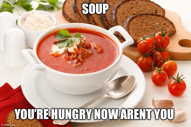 soup |  SOUP; YOU’RE HUNGRY NOW ARENT YOU | image tagged in soup,funny | made w/ Imgflip meme maker
