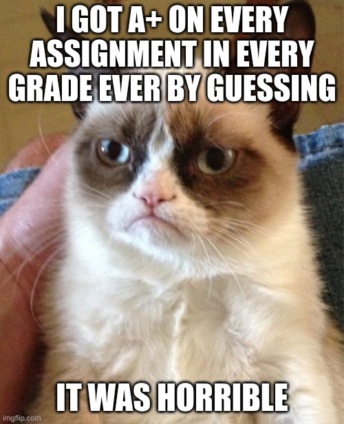 cade is angry | I GOT A+ ON EVERY ASSIGNMENT IN EVERY GRADE EVER BY GUESSING; IT WAS HORRIBLE | image tagged in memes,grumpy cat | made w/ Imgflip meme maker