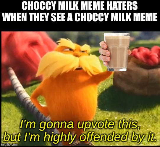 true? | CHOCCY MILK MEME HATERS WHEN THEY SEE A CHOCCY MILK MEME; I'm gonna upvote this, but I'm highly offended by it. | image tagged in marshmallow lorax | made w/ Imgflip meme maker