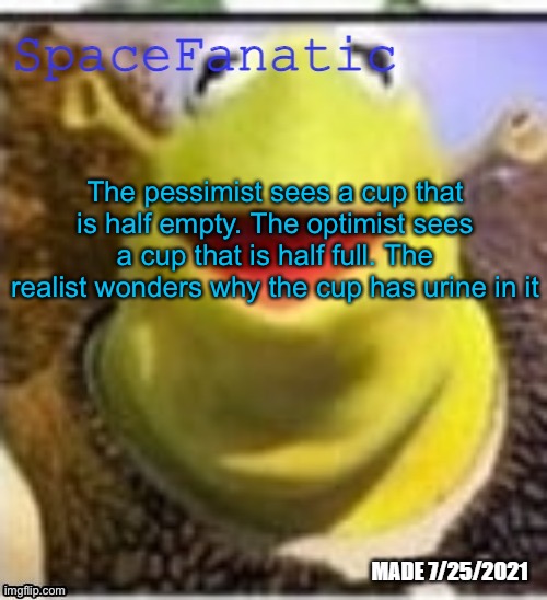 Ye Olde Announcements | The pessimist sees a cup that is half empty. The optimist sees a cup that is half full. The realist wonders why the cup has urine in it | image tagged in spacefanatic announcement temp | made w/ Imgflip meme maker