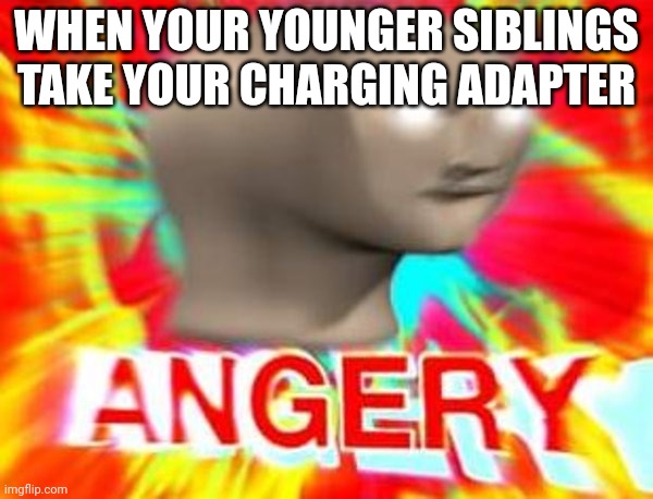 Surreal Angery | WHEN YOUR YOUNGER SIBLINGS TAKE YOUR CHARGING ADAPTER | image tagged in surreal angery | made w/ Imgflip meme maker