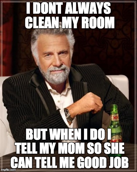 The Most Interesting Man In The World | I DONT ALWAYS CLEAN MY ROOM BUT WHEN I DO I TELL MY MOM SO SHE CAN TELL ME GOOD JOB | image tagged in memes,the most interesting man in the world,AdviceAnimals | made w/ Imgflip meme maker