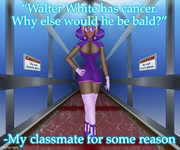Kashiko in the underwater hall | “Walter White has cancer. Why else would he be bald?”; -My classmate for some reason | image tagged in kashiko in the underwater hall | made w/ Imgflip meme maker
