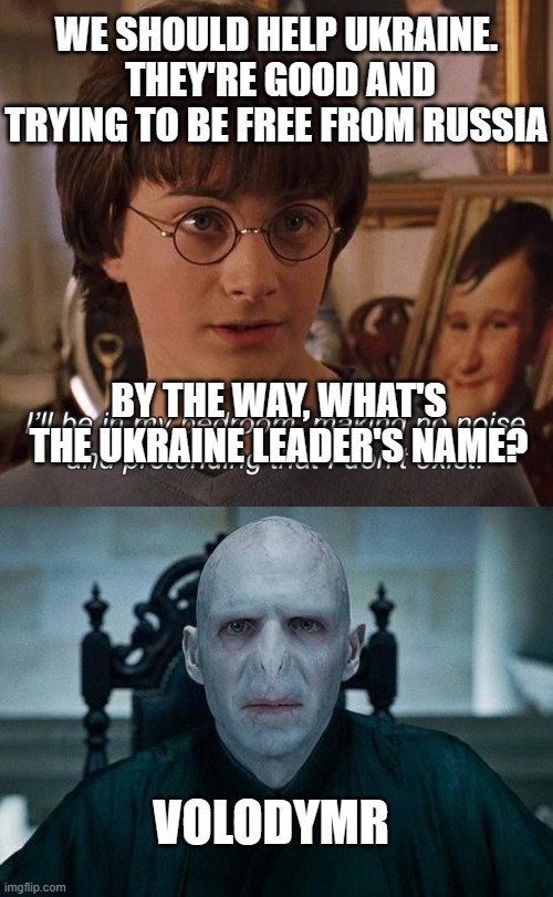WE SHOULD HELP UKRAINE.  THEY'RE GOOD AND TRYING TO BE FREE FROM RUSSIA; BY THE WAY, WHAT'S THE UKRAINE LEADER'S NAME? VOLODYMR | image tagged in harry potter,lord voldemort | made w/ Imgflip meme maker