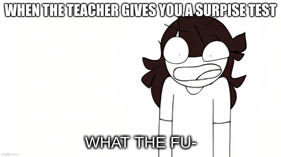 Jaiden Animations What the Fu- | WHEN THE TEACHER GIVES YOU A SURPISE TEST | image tagged in jaiden animations what the fu- | made w/ Imgflip meme maker