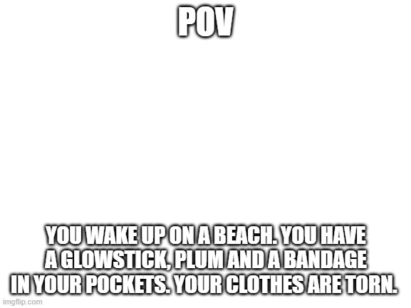 Yayyyyyy DayZ rp | POV; YOU WAKE UP ON A BEACH. YOU HAVE A GLOWSTICK, PLUM AND A BANDAGE IN YOUR POCKETS. YOUR CLOTHES ARE TORN. | image tagged in blank white template | made w/ Imgflip meme maker