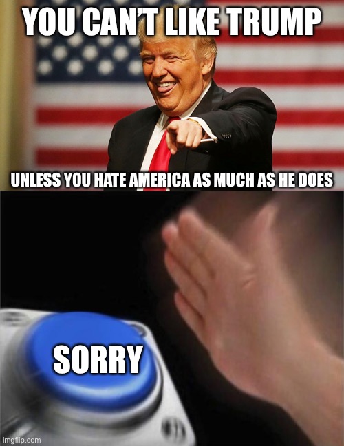 YOU CAN’T LIKE TRUMP; UNLESS YOU HATE AMERICA AS MUCH AS HE DOES; SORRY | image tagged in trump sucker,memes,blank nut button | made w/ Imgflip meme maker