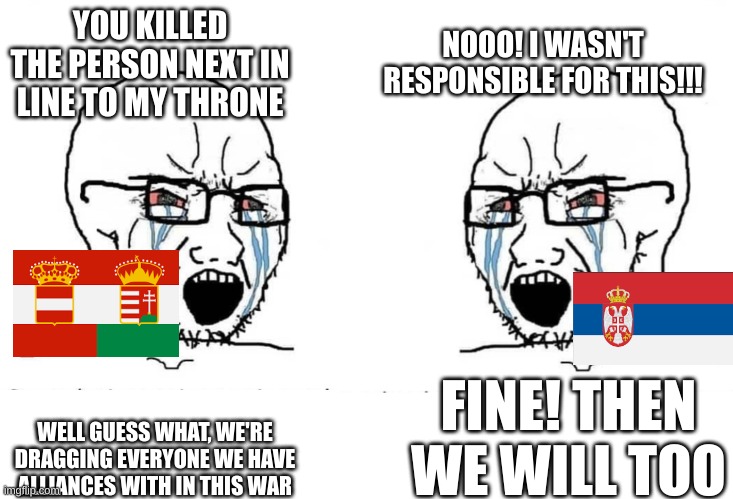 Basically how WW1 started (no offense to anyone who finds this offensive) | NOOO! I WASN'T RESPONSIBLE FOR THIS!!! YOU KILLED THE PERSON NEXT IN LINE TO MY THRONE; WELL GUESS WHAT, WE'RE DRAGGING EVERYONE WE HAVE ALLIANCES WITH IN THIS WAR; FINE! THEN WE WILL TOO | image tagged in soyjak vs soyjak | made w/ Imgflip meme maker