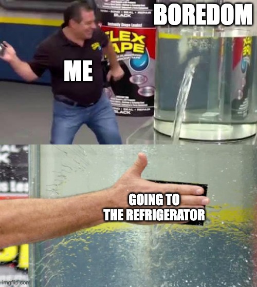 how to fix boredom | BOREDOM; ME; GOING TO THE REFRIGERATOR | image tagged in flex tape | made w/ Imgflip meme maker