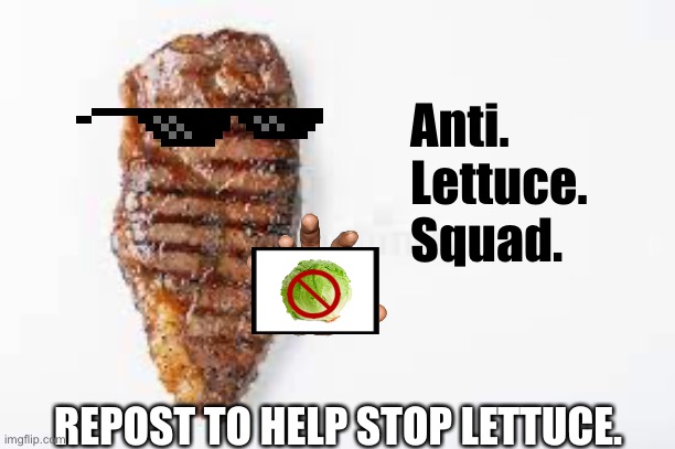 Anti lettuce | Anti.
Lettuce.
Squad. REPOST TO HELP STOP LETTUCE. | image tagged in anti lettuce | made w/ Imgflip meme maker