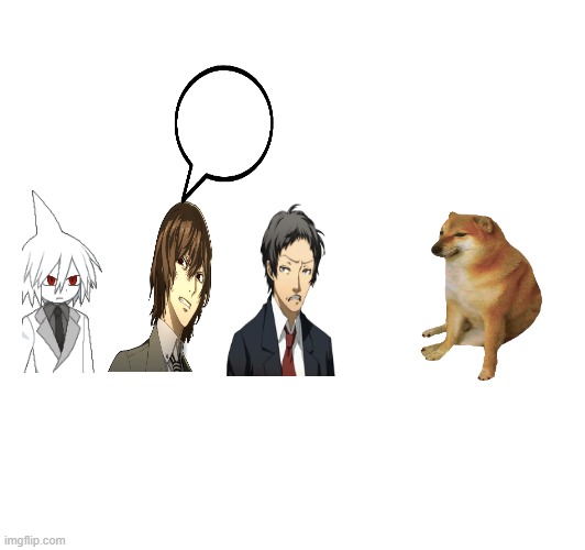 Sal, Goro akechi, And tohru adachi yelling at a cheem Blank Meme Template