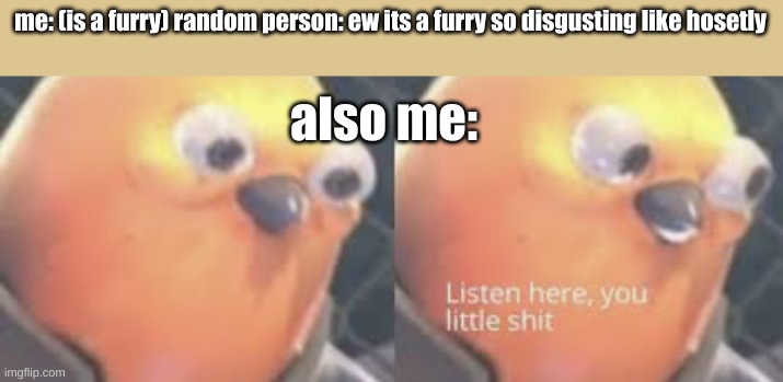 bruh to true tho | me: (is a furry) random person: ew its a furry so disgusting like hosetly; also me: | image tagged in listen here you little shit bird | made w/ Imgflip meme maker