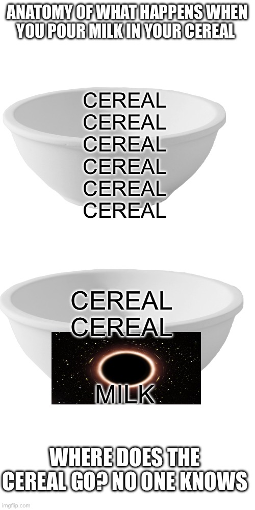 Inspired by true events. The cereal just disappears (this took a surprising amount of time) | ANATOMY OF WHAT HAPPENS WHEN YOU POUR MILK IN YOUR CEREAL; CEREAL
CEREAL
CEREAL
CEREAL
CEREAL
CEREAL; CEREAL 
CEREAL; MILK; WHERE DOES THE CEREAL GO? NO ONE KNOWS | image tagged in cereal guy,memes,milk,where banana | made w/ Imgflip meme maker