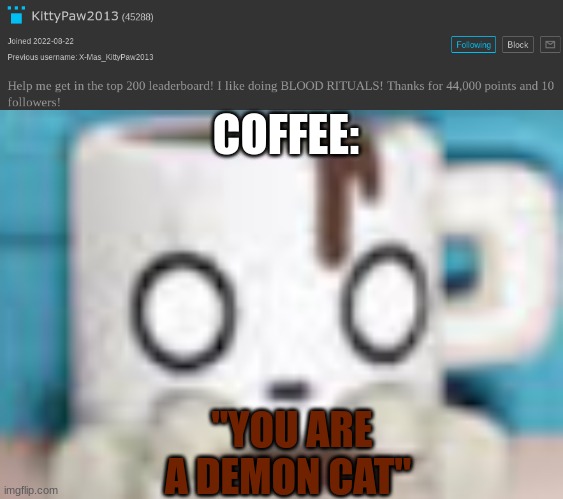 COFFEE: "YOU ARE A DEMON CAT" | made w/ Imgflip meme maker
