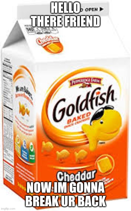 this message was sent by the goldfish god | HELLO THERE FRIEND; NOW IM GONNA BREAK UR BACK | image tagged in goldfish crackers | made w/ Imgflip meme maker
