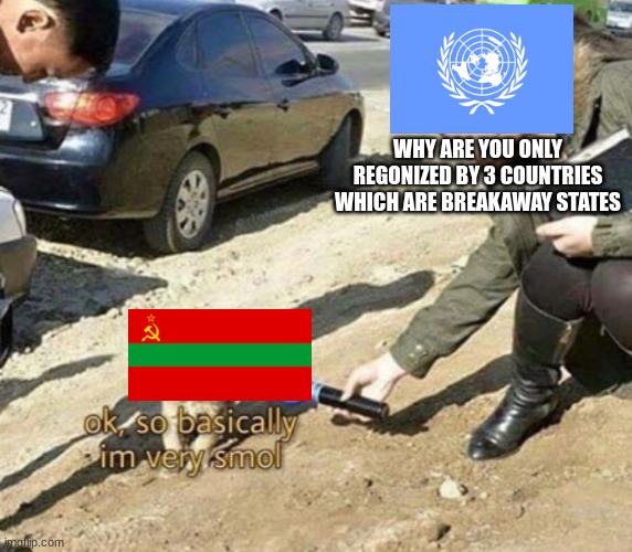 very smol Transnistria | WHY ARE YOU ONLY REGONIZED BY 3 COUNTRIES WHICH ARE BREAKAWAY STATES | image tagged in very smol | made w/ Imgflip meme maker