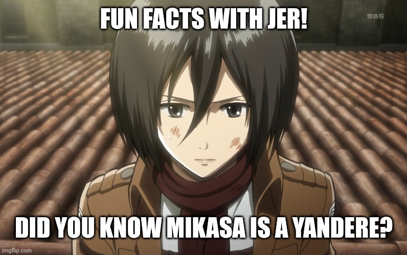 I Just Found Out BTW | FUN FACTS WITH JER! DID YOU KNOW MIKASA IS A YANDERE? | image tagged in mikasa hurt | made w/ Imgflip meme maker