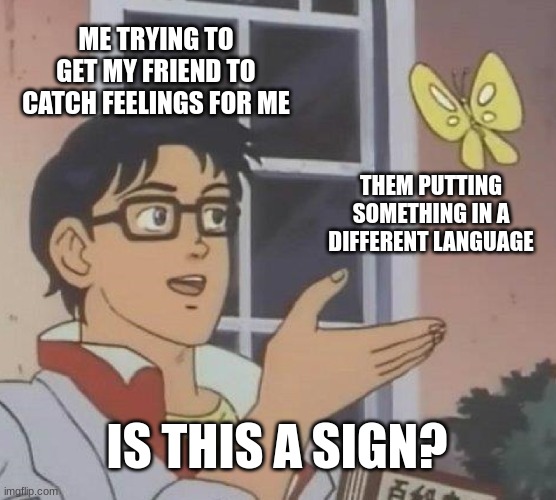 qwertyuiopasdfghjklxcvbnm | ME TRYING TO GET MY FRIEND TO CATCH FEELINGS FOR ME; THEM PUTTING SOMETHING IN A DIFFERENT LANGUAGE; IS THIS A SIGN? | image tagged in memes,is this a pigeon | made w/ Imgflip meme maker