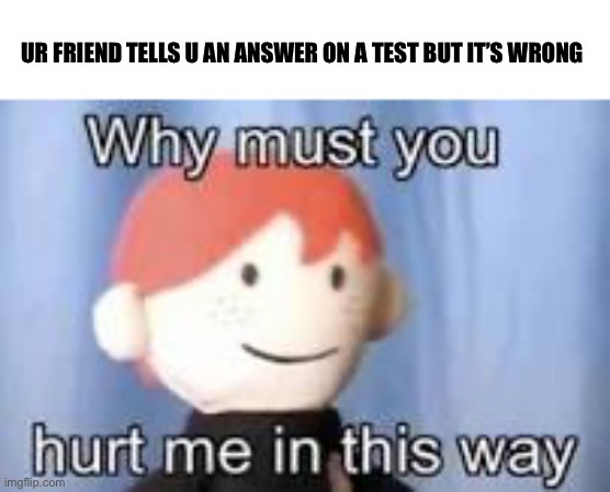Why must you hurt me in this way | UR FRIEND TELLS U AN ANSWER ON A TEST BUT IT’S WRONG | image tagged in why must you hurt me in this way | made w/ Imgflip meme maker