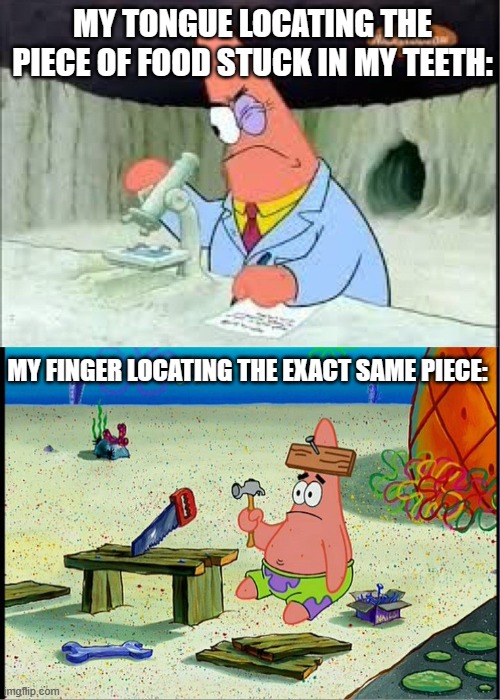 PAtrick, Smart Dumb | MY TONGUE LOCATING THE PIECE OF FOOD STUCK IN MY TEETH:; MY FINGER LOCATING THE EXACT SAME PIECE: | image tagged in patrick smart dumb | made w/ Imgflip meme maker