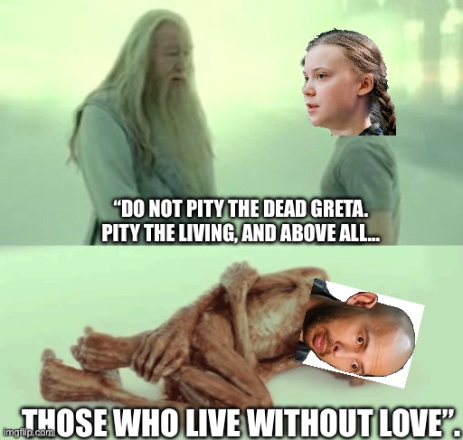 Greta v Tatemort | “DO NOT PITY THE DEAD GRETA. PITY THE LIVING, AND ABOVE ALL…; THOSE WHO LIVE WITHOUT LOVE”. | image tagged in harry potter,greta thunberg,andrew tate,dumbledore,pwned | made w/ Imgflip meme maker