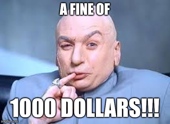 dr evil pinky | A FINE OF; 1000 DOLLARS!!! | image tagged in dr evil pinky | made w/ Imgflip meme maker
