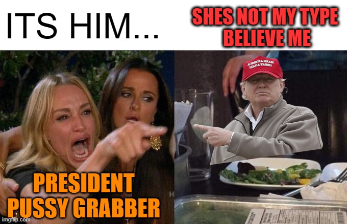 Woman Yelling At Cat Meme | ITS HIM... PRESIDENT PUSSY GRABBER SHES NOT MY TYPE
 BELIEVE ME | image tagged in memes,woman yelling at cat | made w/ Imgflip meme maker