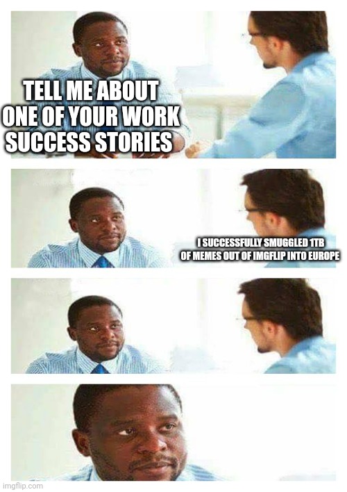 Interview about unicorns | TELL ME ABOUT ONE OF YOUR WORK SUCCESS STORIES I SUCCESSFULLY SMUGGLED 1TB OF MEMES OUT OF IMGFLIP INTO EUROPE | image tagged in interview about unicorns | made w/ Imgflip meme maker