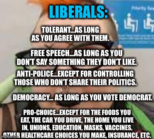 Liberals |  LIBERALS:; TOLERANT…AS LONG AS YOU AGREE WITH THEM. FREE SPEECH…AS LONG AS YOU DON’T SAY SOMETHING THEY DON’T LIKE. ANTI-POLICE…EXCEPT FOR CONTROLLING THOSE WHO DON’T SHARE THEIR POLITICS. DEMOCRACY… AS LONG AS YOU VOTE DEMOCRAT. PRO-CHOICE…EXCEPT FOR THE FOODS YOU EAT, THE CAR YOU DRIVE, THE HOME YOU LIVE IN, UNIONS, EDUCATION, MASKS, VACCINES, OTHER HEALTHCARE CHOICES YOU MAKE, INSURANCE, ETC. | image tagged in liberal logic,liberal hypocrisy,democrats,democratic party,memes | made w/ Imgflip meme maker