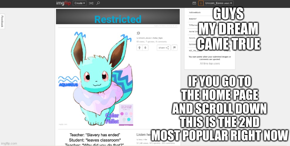 :O | IF YOU GO TO THE HOME PAGE AND SCROLL DOWN THIS IS THE 2ND MOST POPULAR RIGHT NOW; GUYS MY DREAM CAME TRUE | image tagged in dream | made w/ Imgflip meme maker