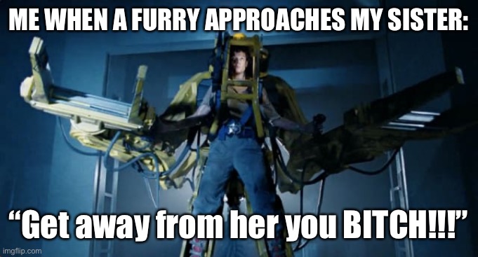 It hasn’t happened yet, but it’s inevitable, I suppose… | ME WHEN A FURRY APPROACHES MY SISTER:; “Get away from her you BITCH!!!” | image tagged in ripley powerloader,anti furry,memes | made w/ Imgflip meme maker