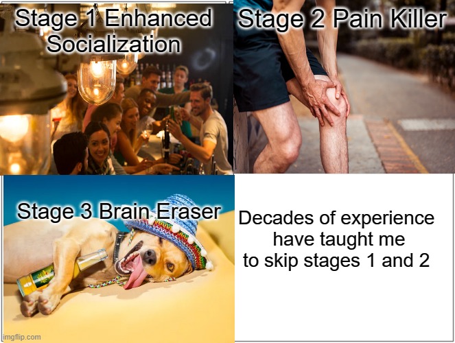 My 3 Stages Of Drinking | Stage 1 Enhanced Socialization; Stage 2 Pain Killer; Stage 3 Brain Eraser; Decades of experience 
have taught me to skip stages 1 and 2 | image tagged in meme,drinking,party,fun | made w/ Imgflip meme maker