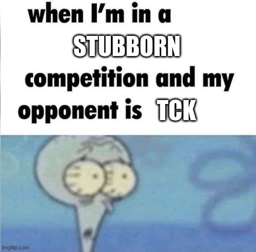 whe i'm in a competition and my opponent is | STUBBORN; TCK | image tagged in whe i'm in a competition and my opponent is | made w/ Imgflip meme maker