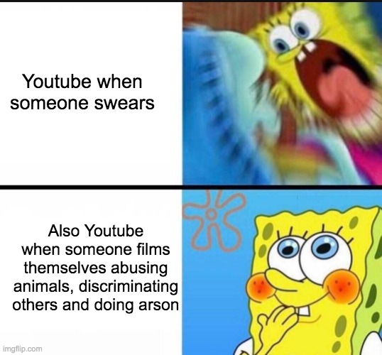 Just why Youtube?! | Youtube when someone swears; Also Youtube when someone films themselves abusing animals, discriminating others and doing arson | image tagged in spongebob yelling,youtube,youtuber,youtubers,oh wow are you actually reading these tags,stop reading the tags | made w/ Imgflip meme maker