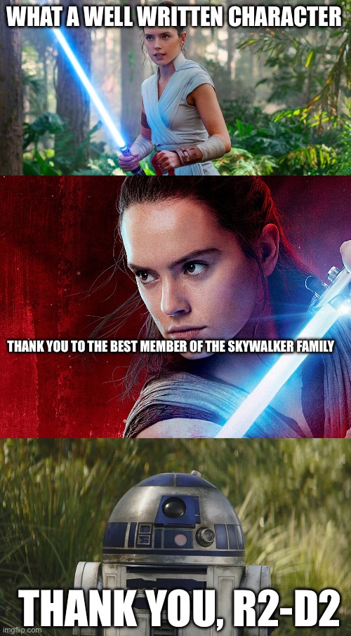 WHAT A WELL WRITTEN CHARACTER; THANK YOU TO THE BEST MEMBER OF THE SKYWALKER FAMILY; THANK YOU, R2-D2 | made w/ Imgflip meme maker