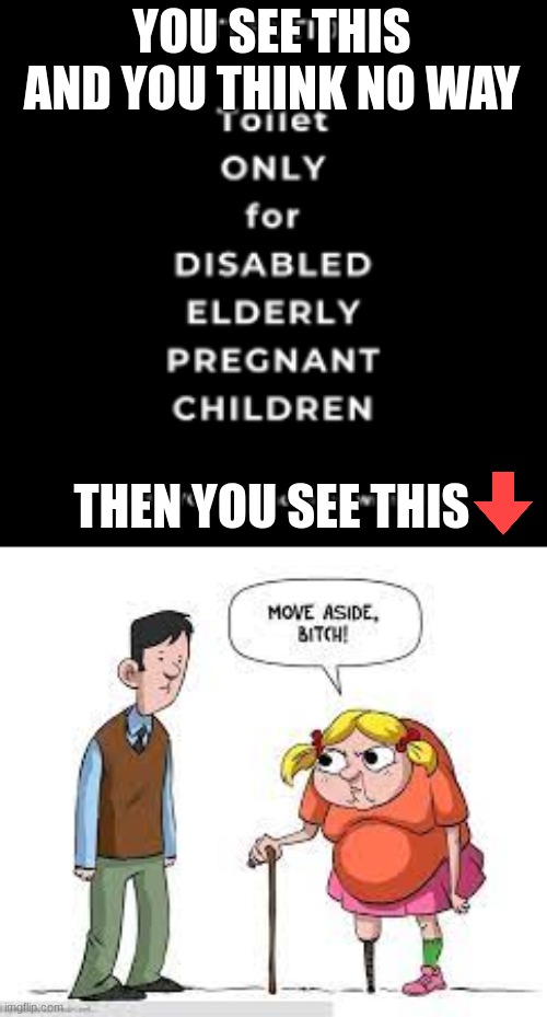 This is our world now | YOU SEE THIS AND YOU THINK NO WAY; THEN YOU SEE THIS | image tagged in toilet only for disabled elderly pregnant children,disabled elderly pregnant child | made w/ Imgflip meme maker