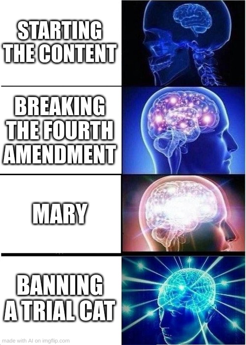 of course | STARTING THE CONTENT; BREAKING THE FOURTH AMENDMENT; MARY; BANNING A TRIAL CAT | image tagged in memes,expanding brain | made w/ Imgflip meme maker