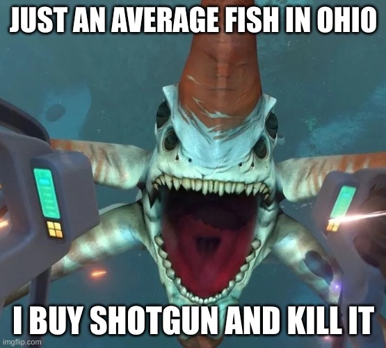 Can’t even swim in Ohio | JUST AN AVERAGE FISH IN OHIO; I BUY SHOTGUN AND KILL IT | image tagged in can t even swim in ohio | made w/ Imgflip meme maker
