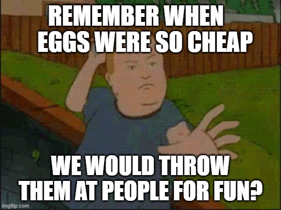 Bobby Throwing Egg | REMEMBER WHEN     EGGS WERE SO CHEAP; WE WOULD THROW THEM AT PEOPLE FOR FUN? | image tagged in bobby throwing egg | made w/ Imgflip meme maker