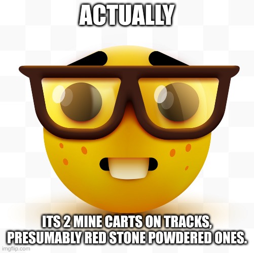 Nerd emoji | ACTUALLY ITS 2 MINE CARTS ON TRACKS, PRESUMABLY RED STONE POWDERED ONES. | image tagged in nerd emoji | made w/ Imgflip meme maker