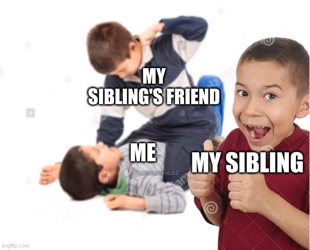 Dang this happens a lot | MY SIBLING'S FRIEND; ME; MY SIBLING | image tagged in kid beating up another kid | made w/ Imgflip meme maker