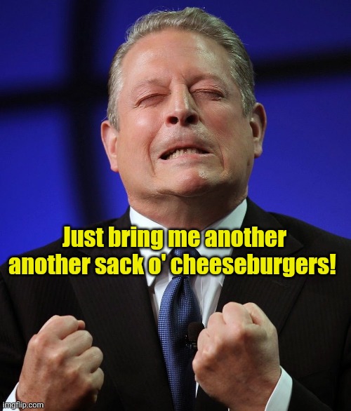 Al gore | Just bring me another another sack o' cheeseburgers! | image tagged in al gore | made w/ Imgflip meme maker