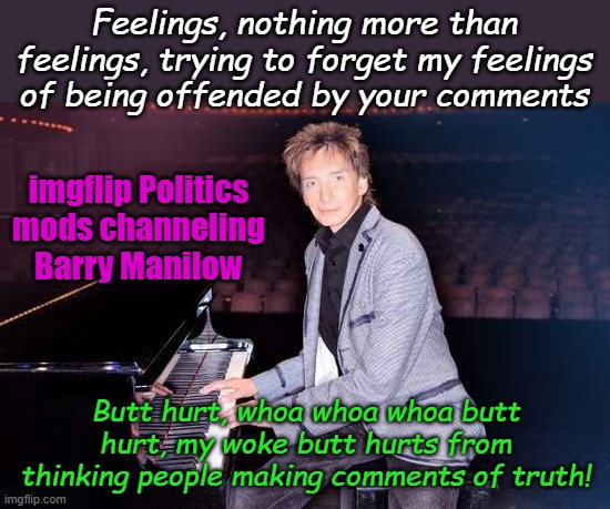 I owe it to the Politics stream mods for the generous 3 minute time out they gave me for not thinking like they do. Snort! | Feelings, nothing more than feelings, trying to forget my feelings of being offended by your comments; imgflip Politics mods channeling Barry Manilow; Butt hurt, whoa whoa whoa butt hurt, my woke butt hurts from thinking people making comments of truth! | image tagged in barry manilow | made w/ Imgflip meme maker