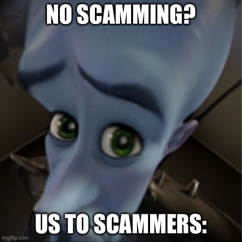 Megamind peeking | NO SCAMMING? US TO SCAMMERS: | image tagged in megamind peeking | made w/ Imgflip meme maker