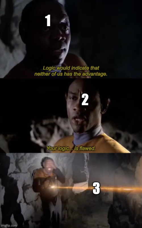 Who doesn't love a good rivalry? | 1; 2; 3 | image tagged in your logic is flawed,custom template,custom,template,star trek,star trek voyager | made w/ Imgflip meme maker