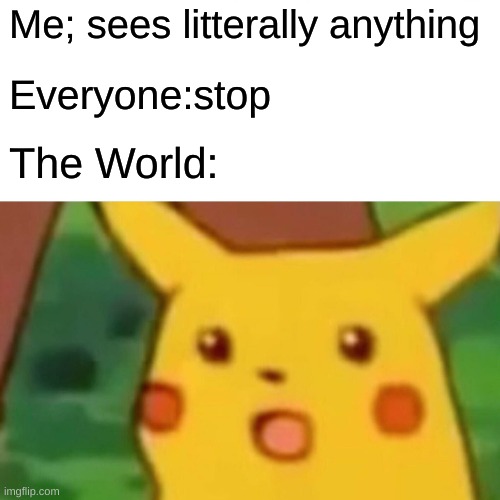 Surprised Pikachu | Me; sees litterally anything; Everyone:stop; The World: | image tagged in memes,surprised pikachu | made w/ Imgflip meme maker